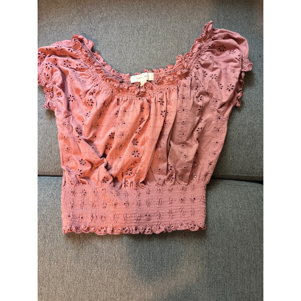 Cleo + Wolf Coquette Pink Embroidered Crop Top Ruffle Blouse Medium